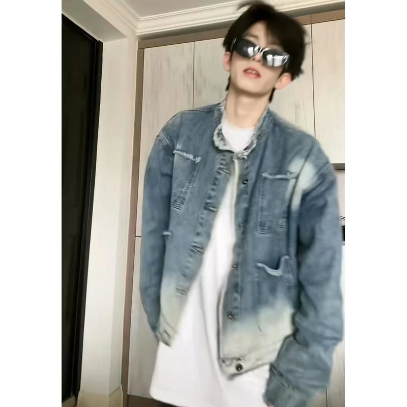 JK615 街头立领毛边设计牛仔夹克水洗做旧潮流牛仔衣外套ins男士