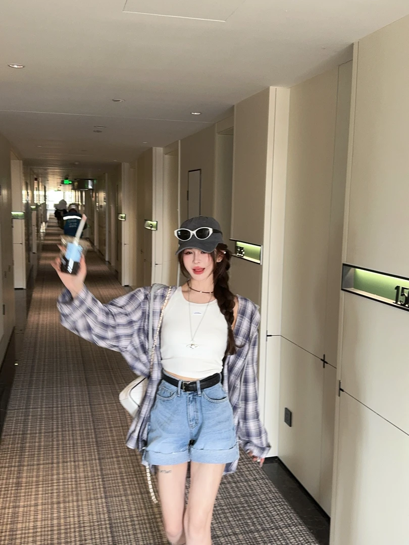 米娜家【追风日记】泡菜订制连帽格子防晒衬衫