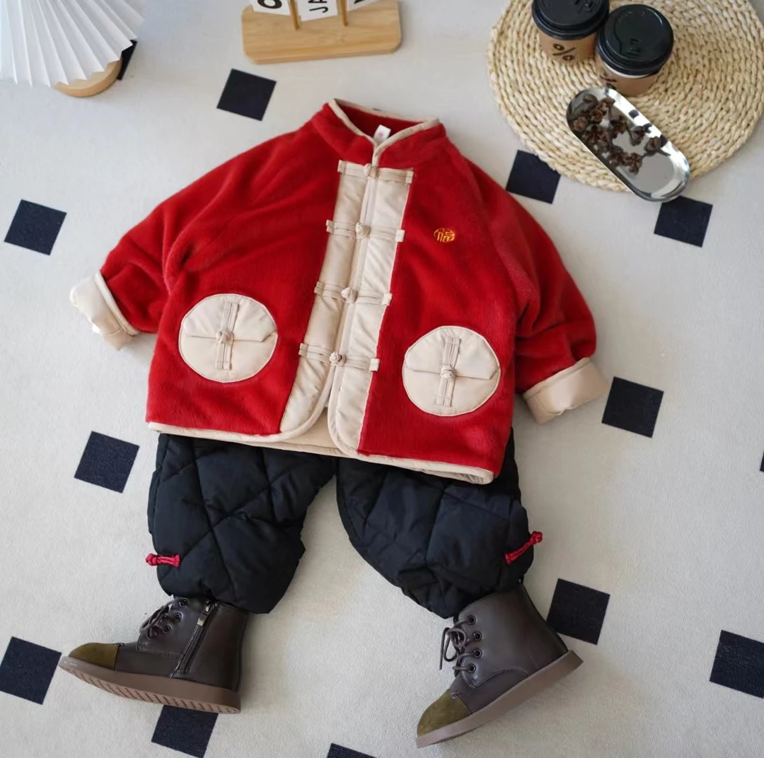 儿童冬季中国风加厚毛毛拜年服两件套SQ1555