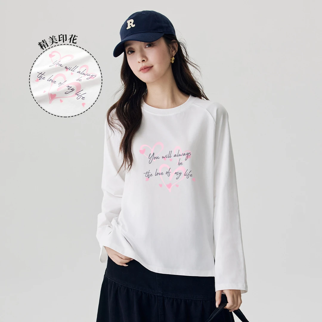 茵曼新款宽松休闲舒适纯棉长袖女生时尚印花圆领纯色百搭套头上衣
