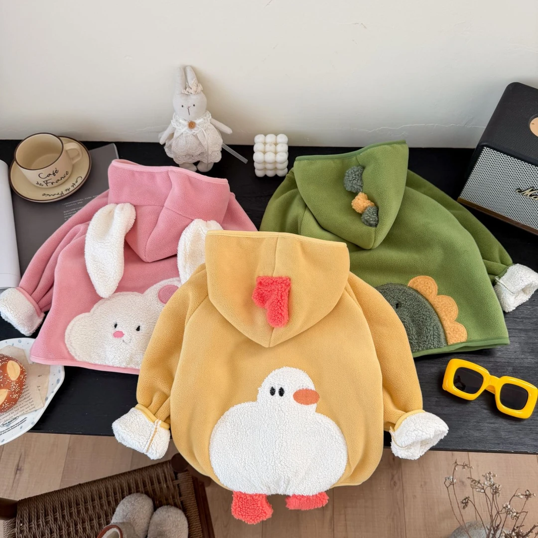 儿童奥粒绒外套加绒加厚韩版保暖洋气秋冬季卡通连帽毛绒小童外套
