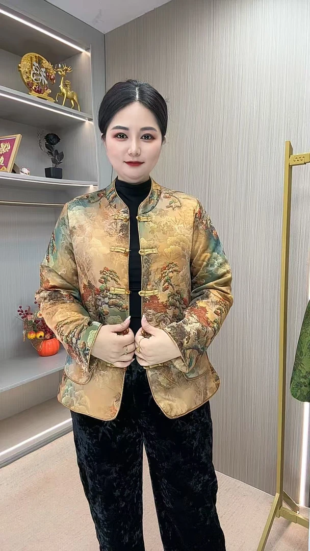 加棉款短款提花印染上衣印花立领中式中国风潮流单面休闲唐装冬季