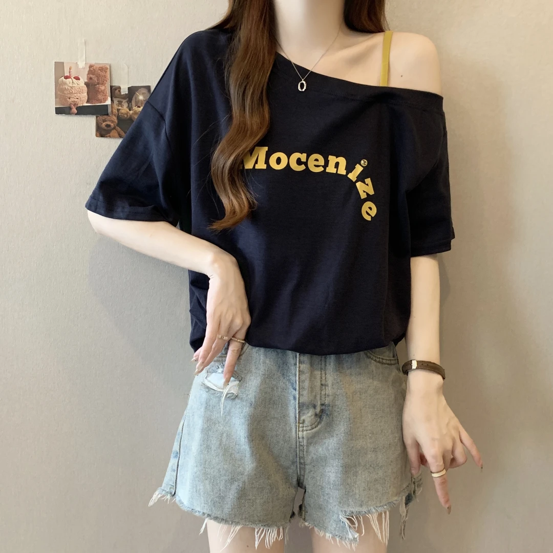 时尚洋气露肩短袖T恤女2025夏季大码胖mm宽松遮肚超好看百搭上衣