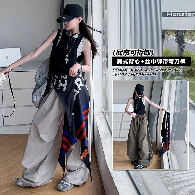 【毛妈潮牌】女童夏季美式弯刀裤套装2025新款中大童潮系宽松工装裤