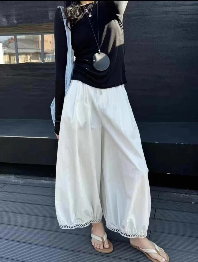 少女感十足！韩系新款木耳花边麻料慵懒九分阔腿裤
