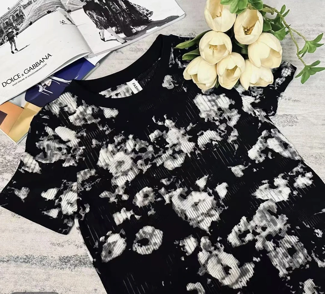 镂空微透短袖t恤扎染女2025夏季新款设计感今年爆款冰丝上衣1064