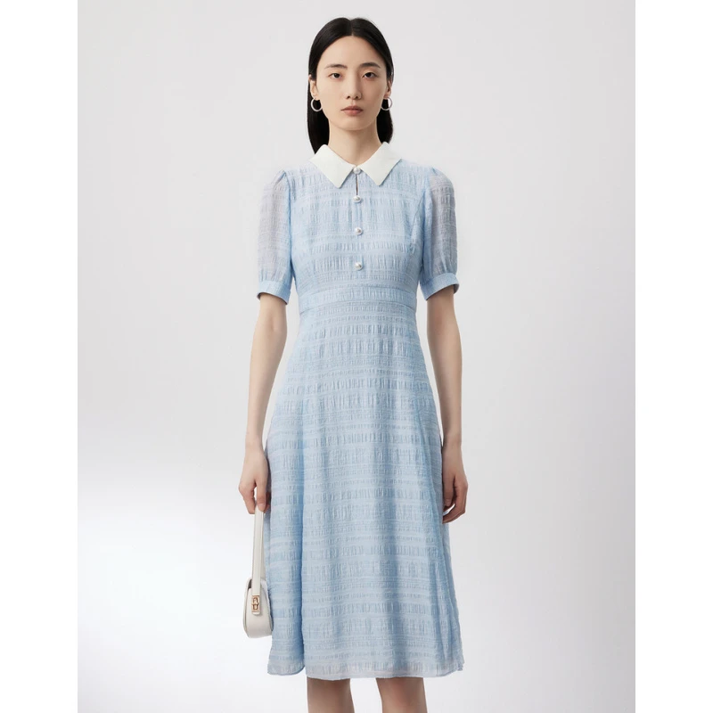 朗姿LANCY夏季新款水蓝色显瘦气质优雅风高端女式精致修身连衣裙