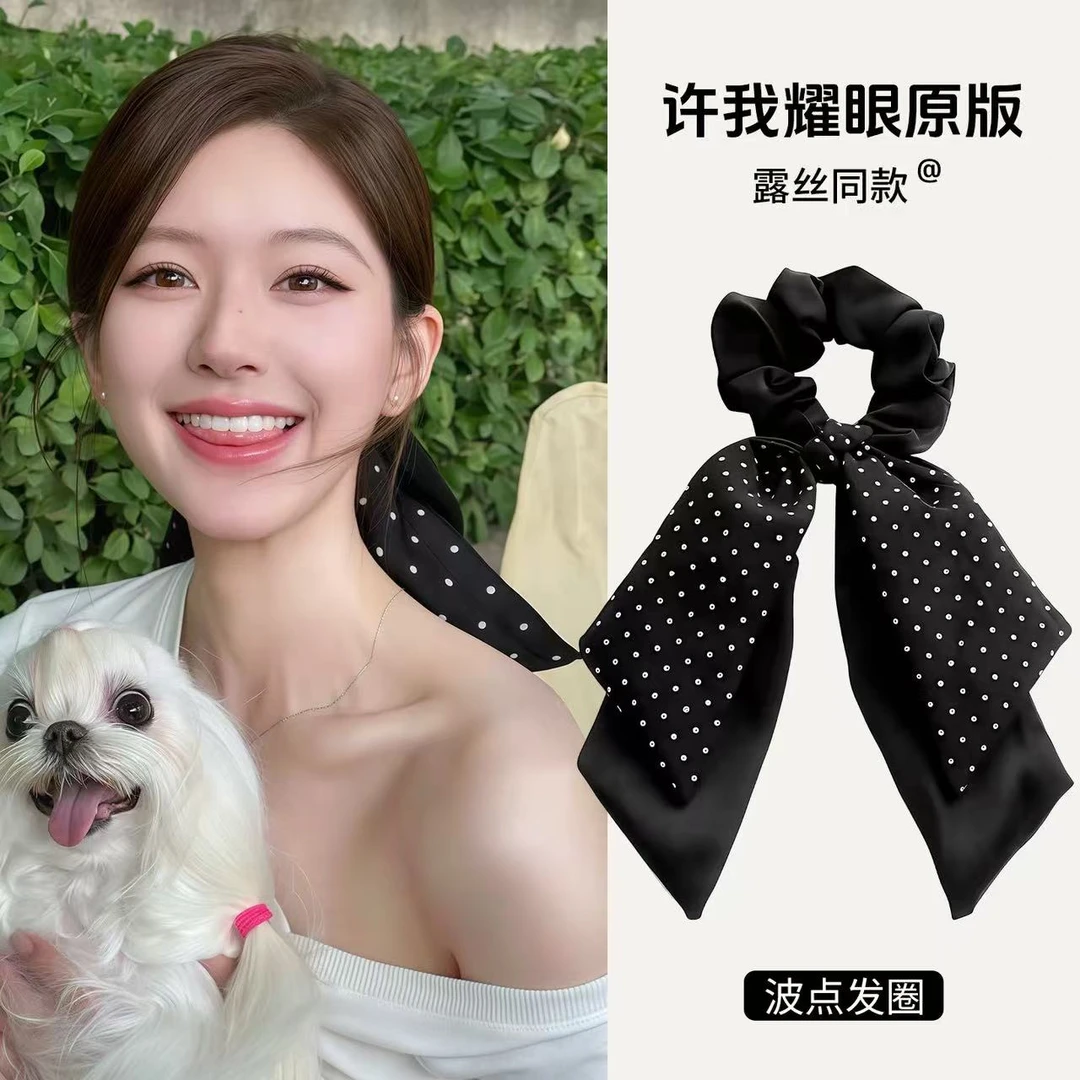 许我耀眼赵露思许妍同款黑色波点飘带蝴蝶结发圈双层少女发饰
