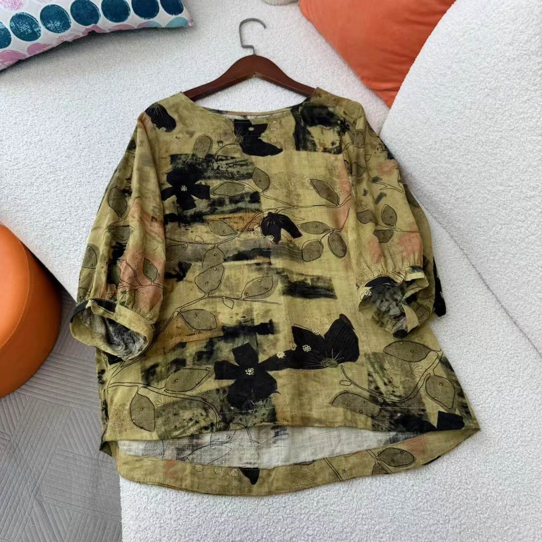 夏季女棉麻五分袖衬衫复古宽松水墨画亚麻衬衣