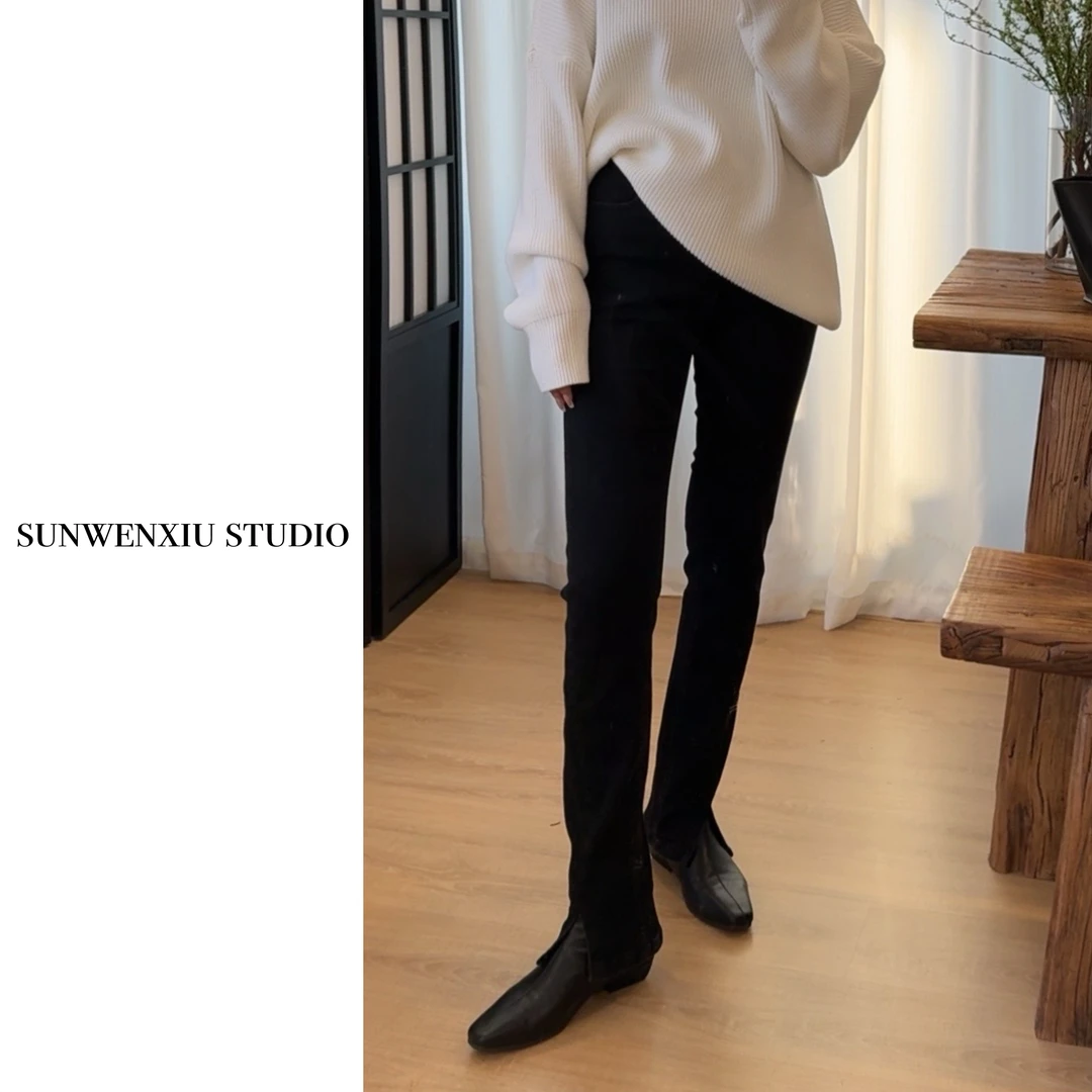 swx studio2店 瘦竹竿 黑色弹力显瘦显腿长小开叉牛仔裤