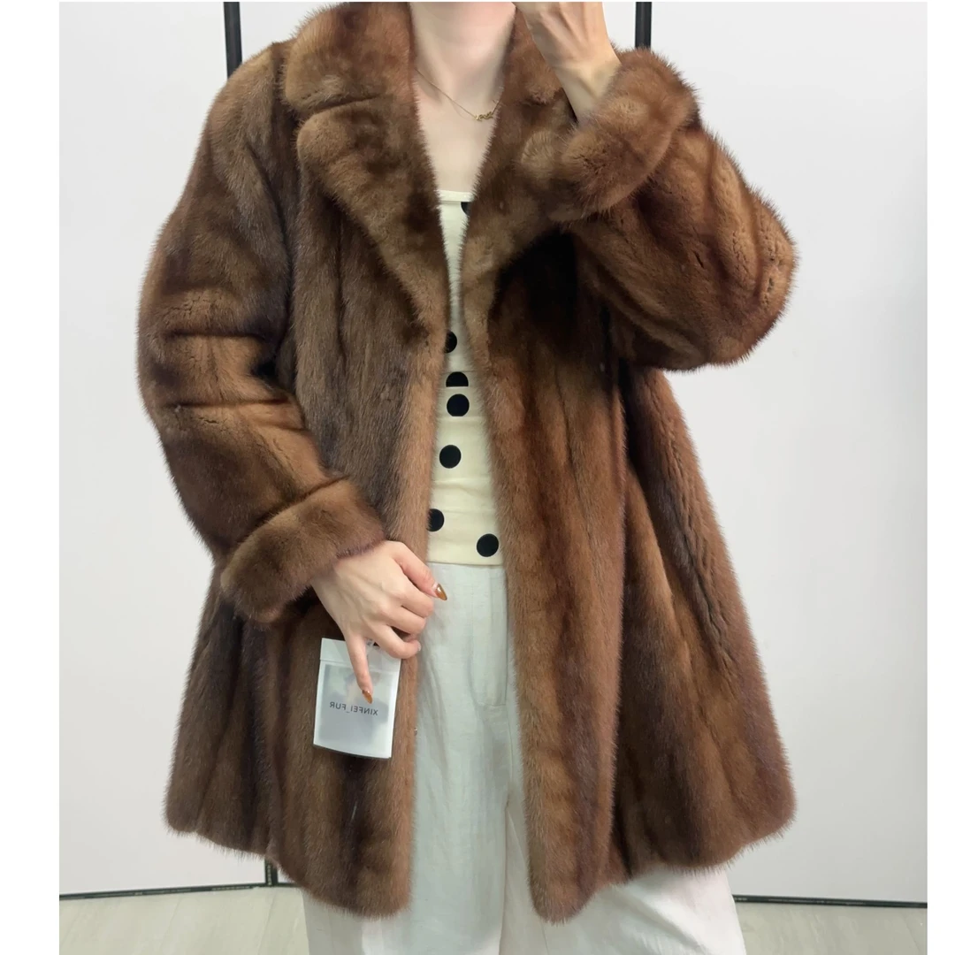 H513，2XL，金棕色西服领腋下A摆挽袖水貂外套