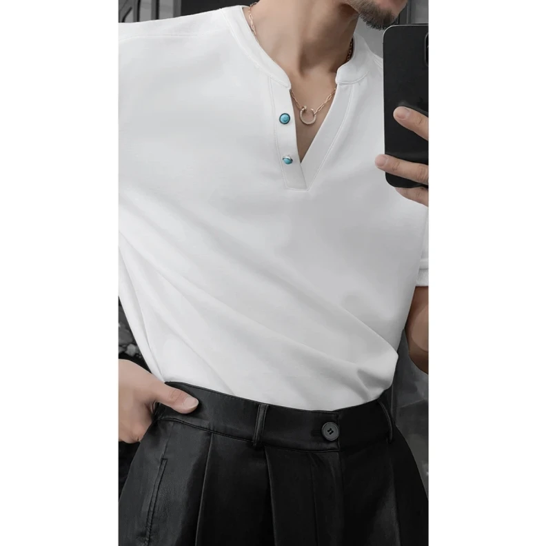 W140 轻奢高级感亨利领t恤男士版修身v领短袖老钱风打底衫