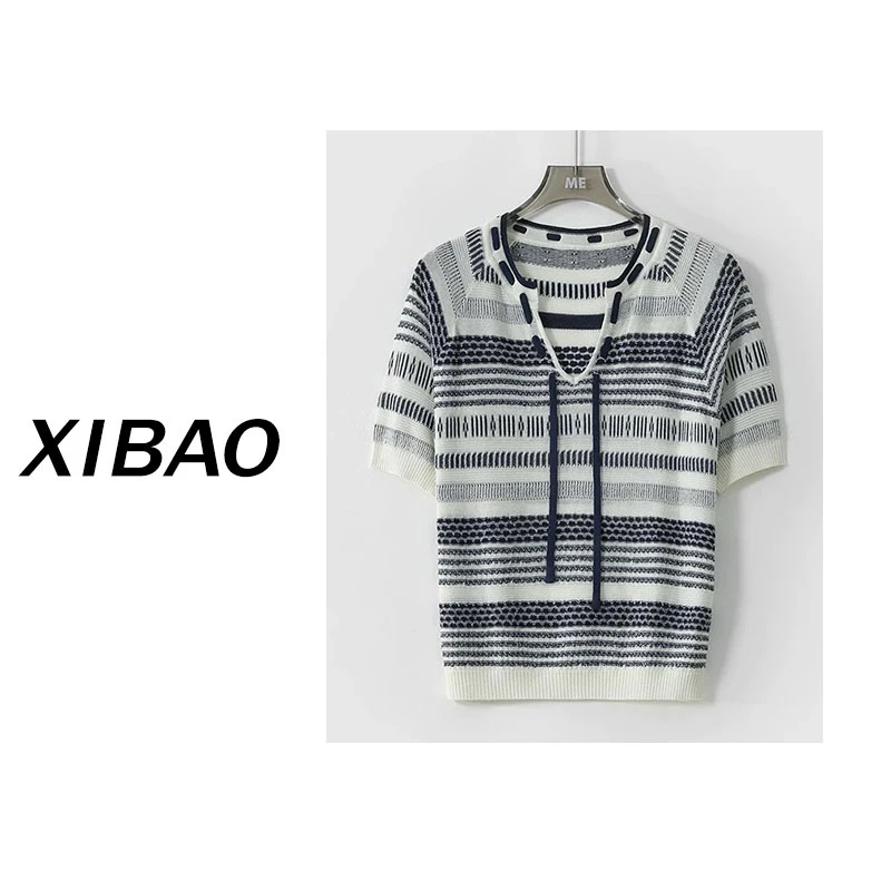 【穿绳几何针织】桑蚕丝天丝V领短袖撞色针织