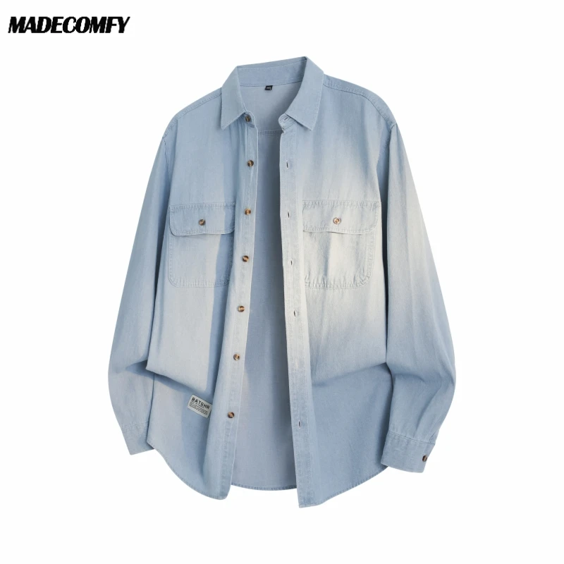 美式穿搭潮流工装情侣复古口袋宽松长袖牛仔衬衫外套男可叠穿衬衣