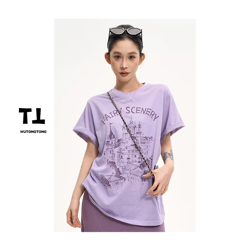 现货【移动城堡】夏季新款印花短袖T恤衫女韩版休闲上衣62355