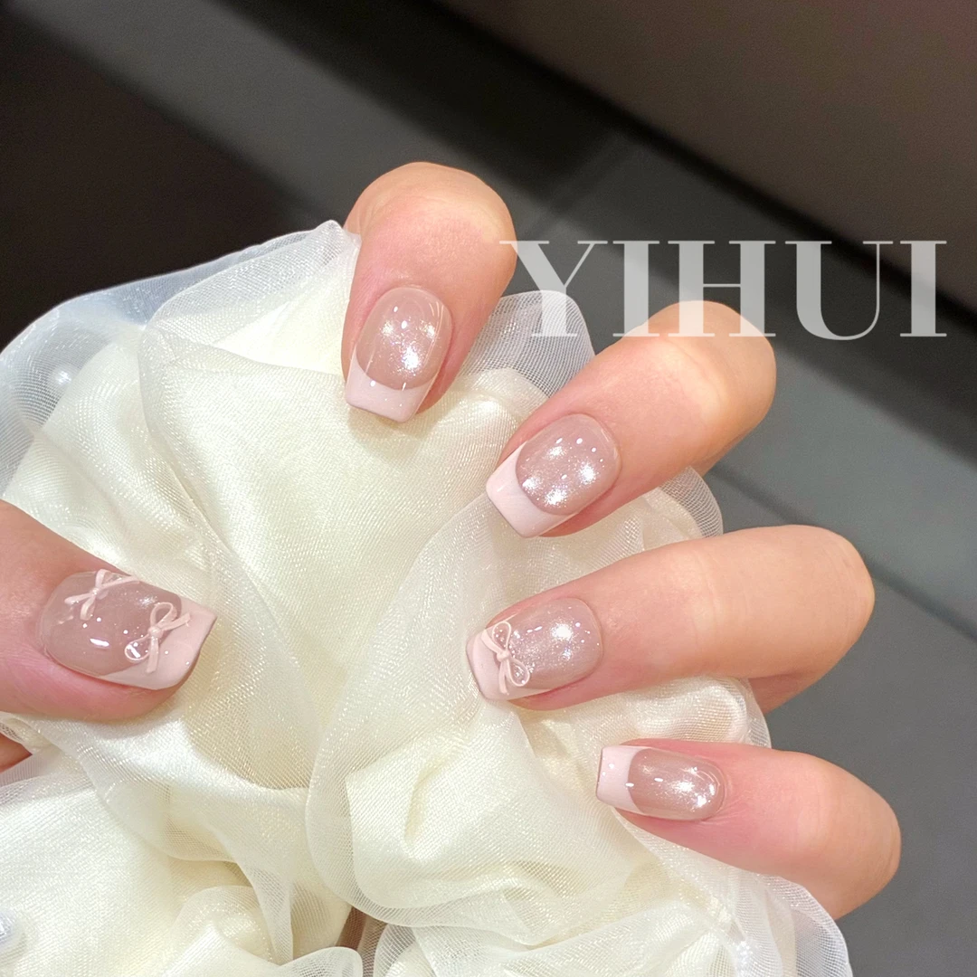 （粉黛）逸绘手绘法式美甲镶蝴蝶结轻奢显白纯手工可拆卸穿戴甲裸色