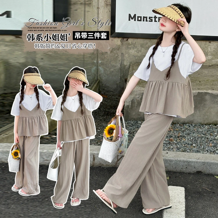 【三件套】亲子 吊带韩版纯色套装2025夏季女童薄款宽松阔腿休闲