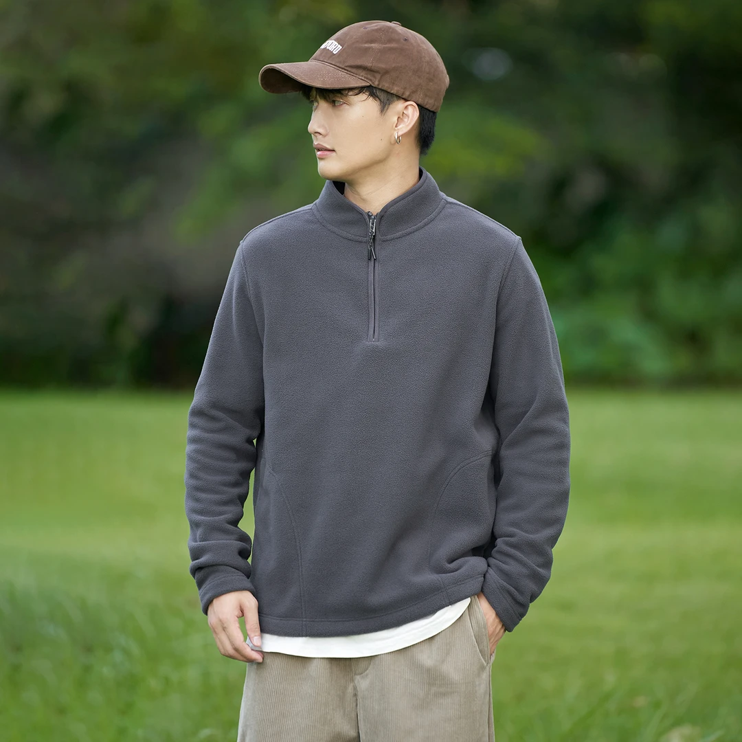 摇粒绒秋冬抗静电男士半拉链立领宽松长袖加绒卫衣外套奥粒绒绒衫