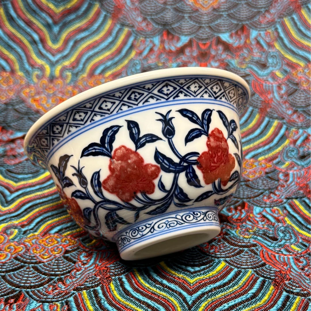 柯火钧天仿明花卉原矿釉里红纯手工手绘内绘陶瓷压手杯景德镇