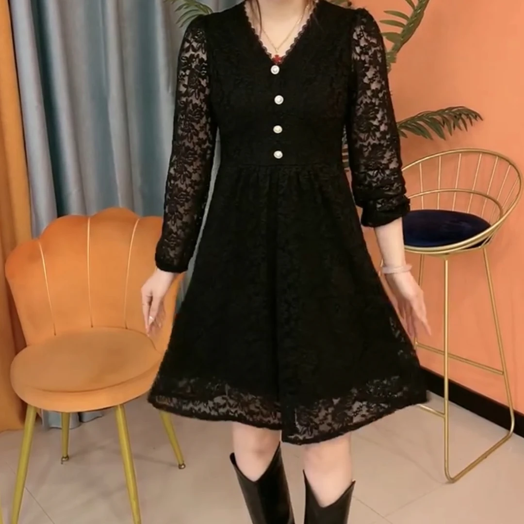 2025秋季正品蕾丝网红洋气时尚气质中长款女装连衣裙