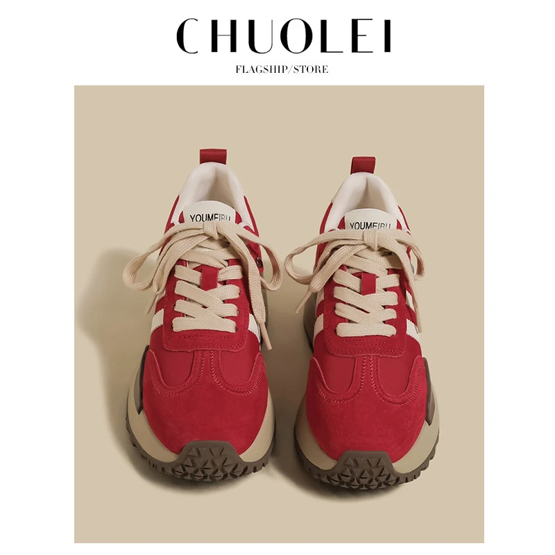 红色老爹鞋女2025春季新款厚底百搭小个子增高超火阿甘德训运动鞋