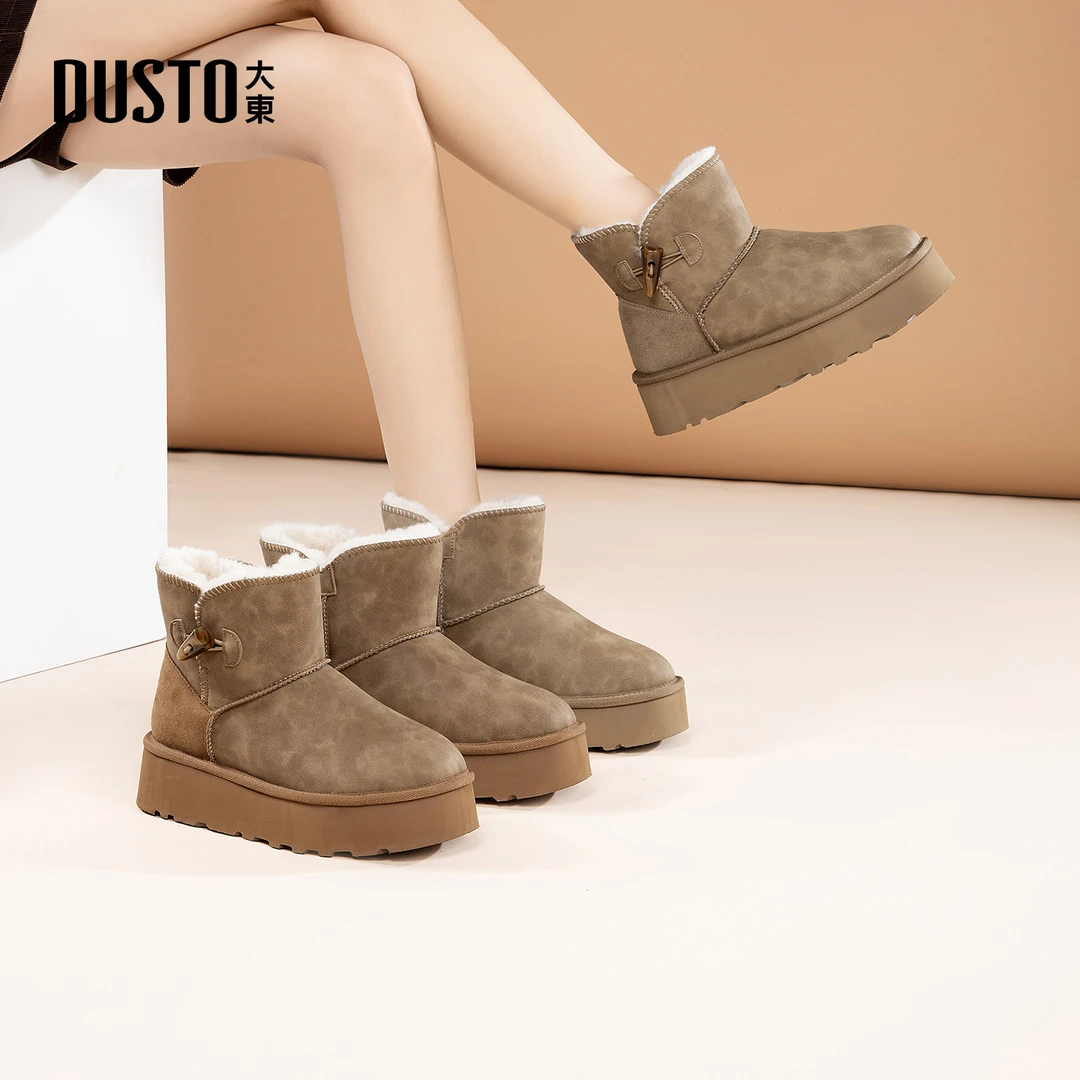 大东女鞋棕色皮面雪地靴2025冬季加绒保暖时尚厚底短筒棉靴3730