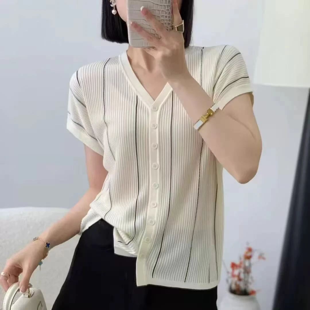 S·Y·C【竖纹条纹】莱赛尔V领时尚开衫短袖