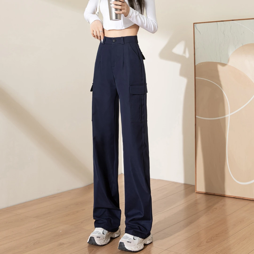 工装阔腿裤女秋高腰藏蓝色美式vibe风裤子垂感宽松显瘦拖地直筒裤