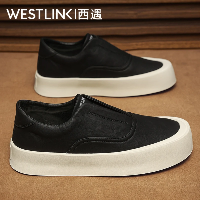 西遇增高男鞋秋季新款懒人一脚蹬休闲鞋男款皮面防水板鞋原创潮鞋