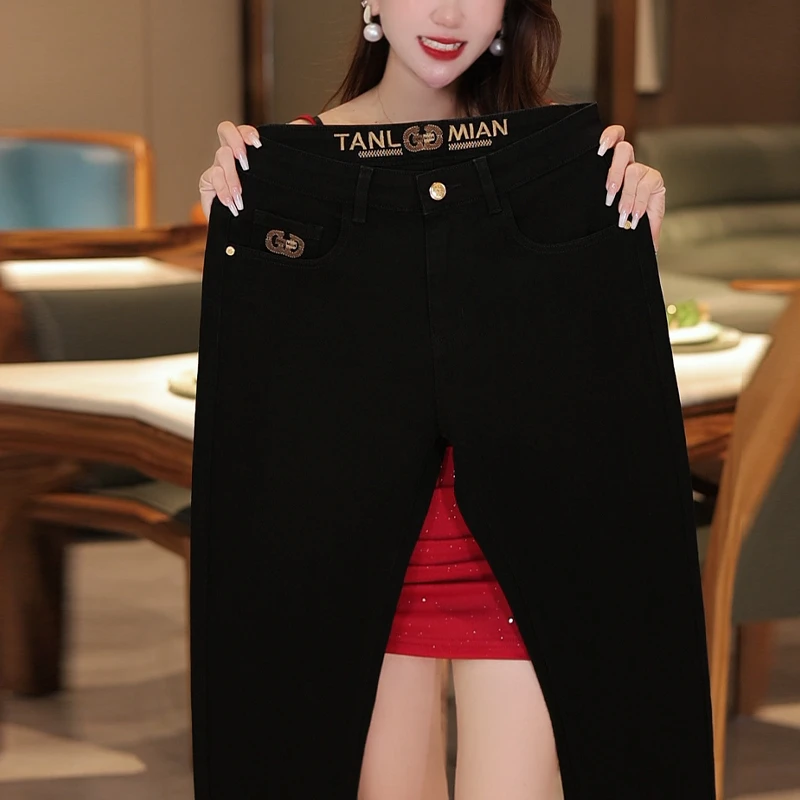 【2025夏季薄款】冰丝纯黑色牛仔裤男款直筒九分裤高弹力休闲长裤子