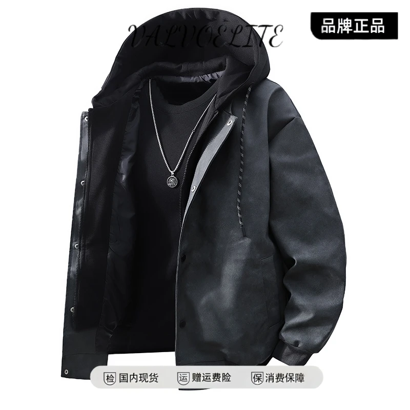 VALVOELITE潮牌假两件PU皮外套男士高品质休闲秋冬时尚连帽上衣