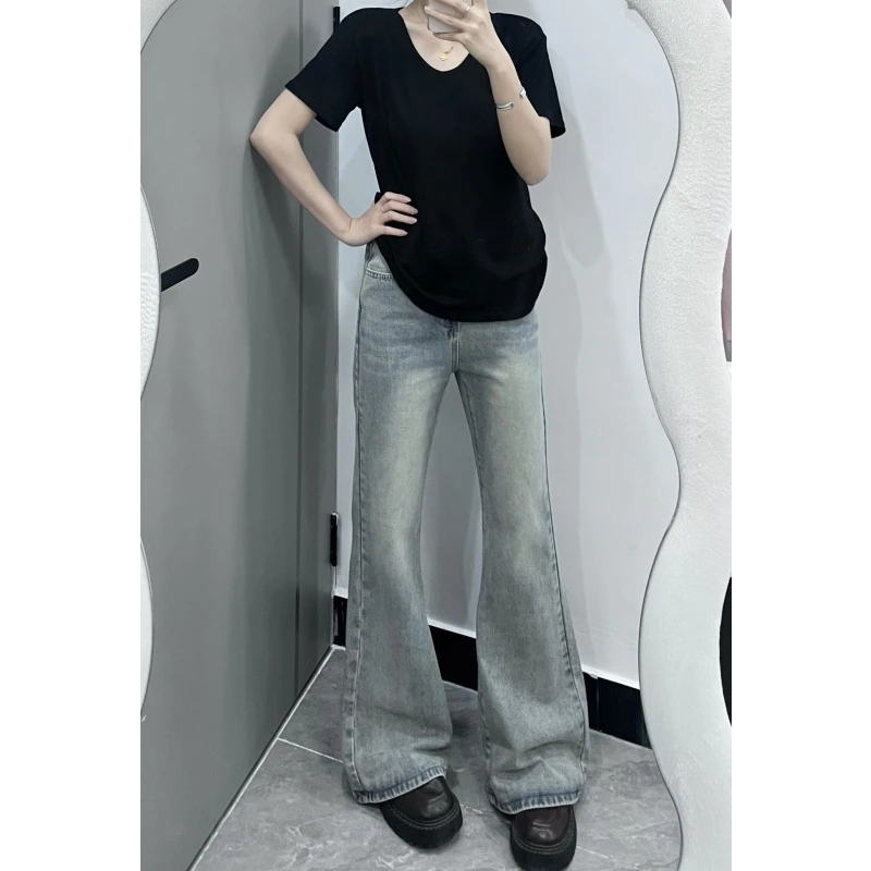 美式复古不贴腿微喇牛仔裤女2025新款辣妹高腰显瘦神裤拖地阔腿裤