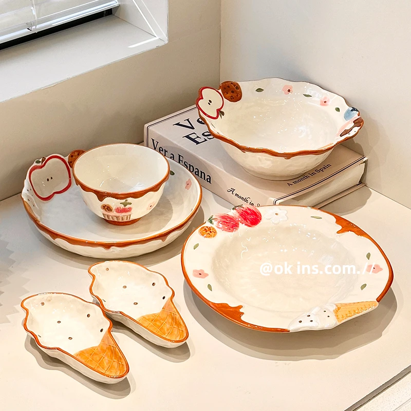 海派甜心手绘釉下彩陶瓷味碟米饭碗汤面碗沙拉意面汤深盘浮雕餐具