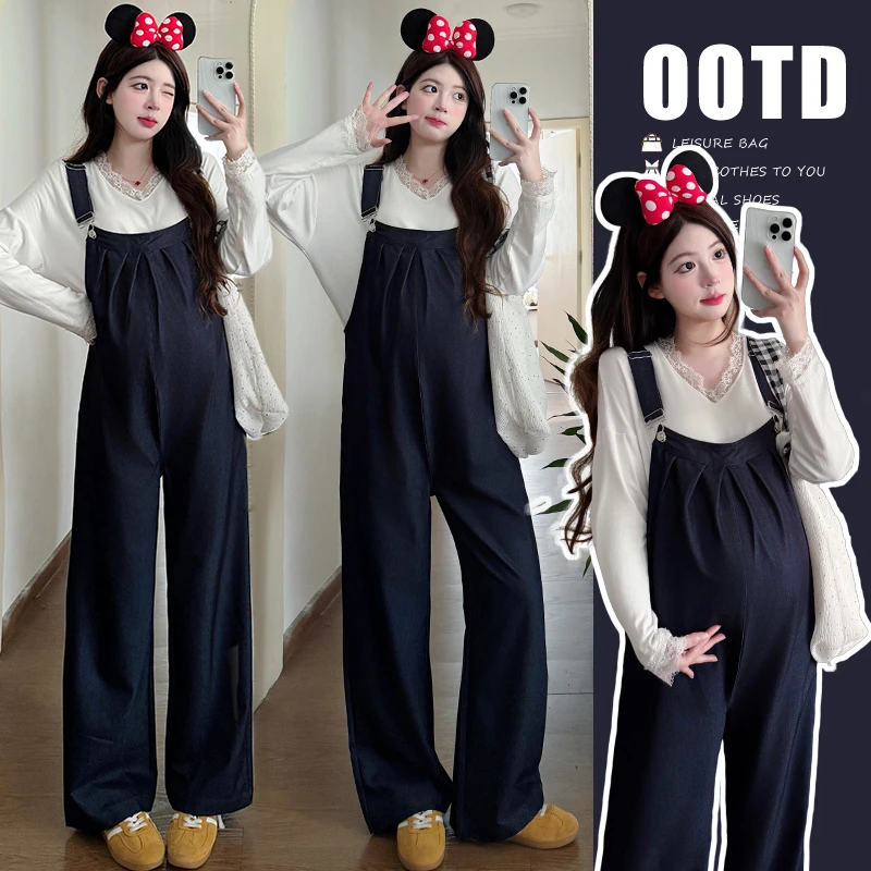 早秋款孕妇装牛仔背带裤女款新款韩版蕾丝孕妇长袖上衣减龄两件套