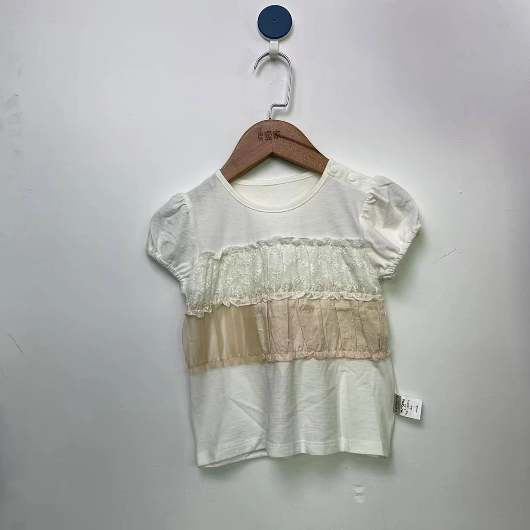 爱麻麻9022181女童全棉T桖儿童蕾丝白色时尚休闲百搭夏季镂空