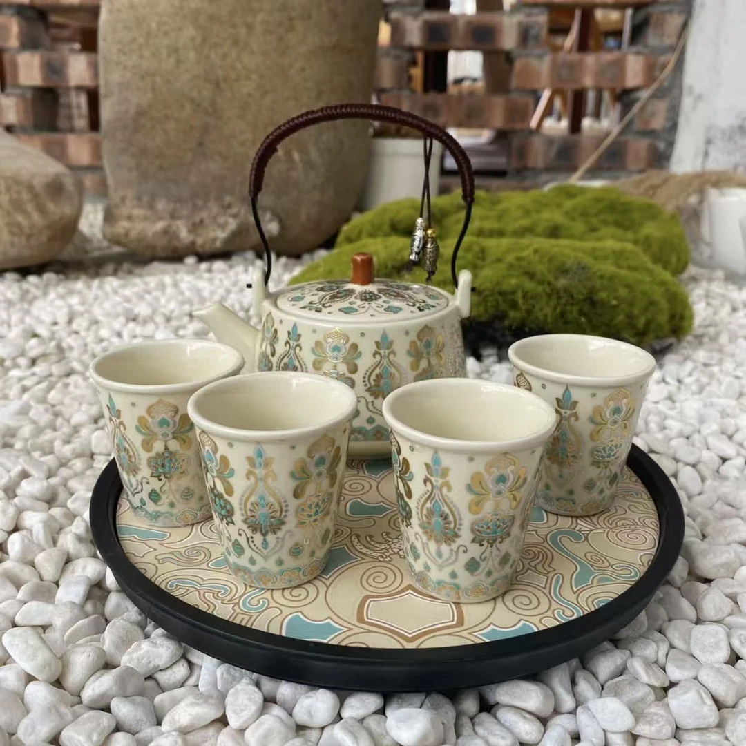Z3195-亮光黄（敦煌凤翎）提梁壶+4杯+敦煌吸水茶盘