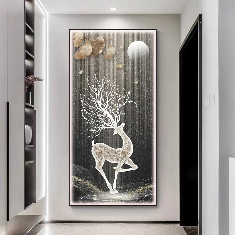 【金鹿踏石】进门入户玄关装饰画现代轻奢简约走廊过道壁画