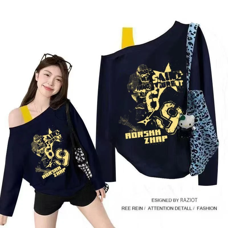 【AORSKK】斜领肩带早秋长袖t恤女斜肩今日穿搭百搭港风简约厚实