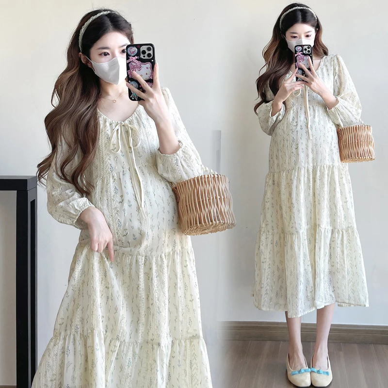 孕妇装2025春季新款提花刺绣高级感法式碎花中长款气质孕妇连衣裙