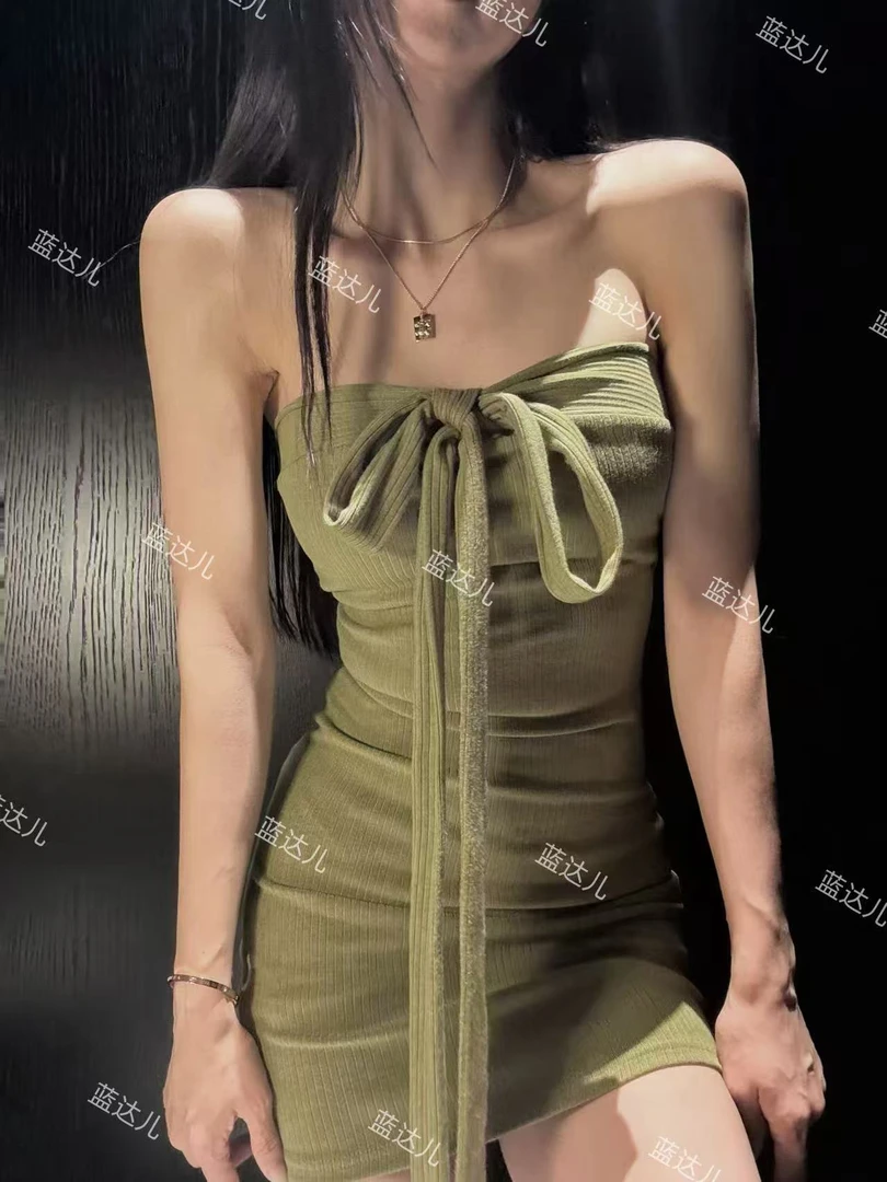 蓝达儿【可拆胸垫橡皮筋款】挂脖裹胸多种穿法性感修身辣妹包臂裙