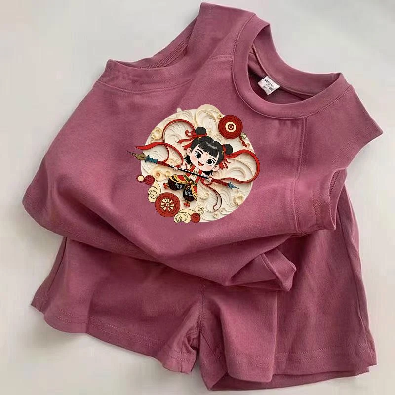 女童T恤背心短裤套装2025新款儿童夏季纯棉短袖中小童卡通两件套