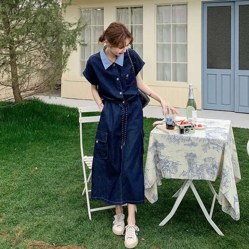 新疆包邮 拼接衬衫牛仔夏季2025新款翻领休闲半身裙两件套