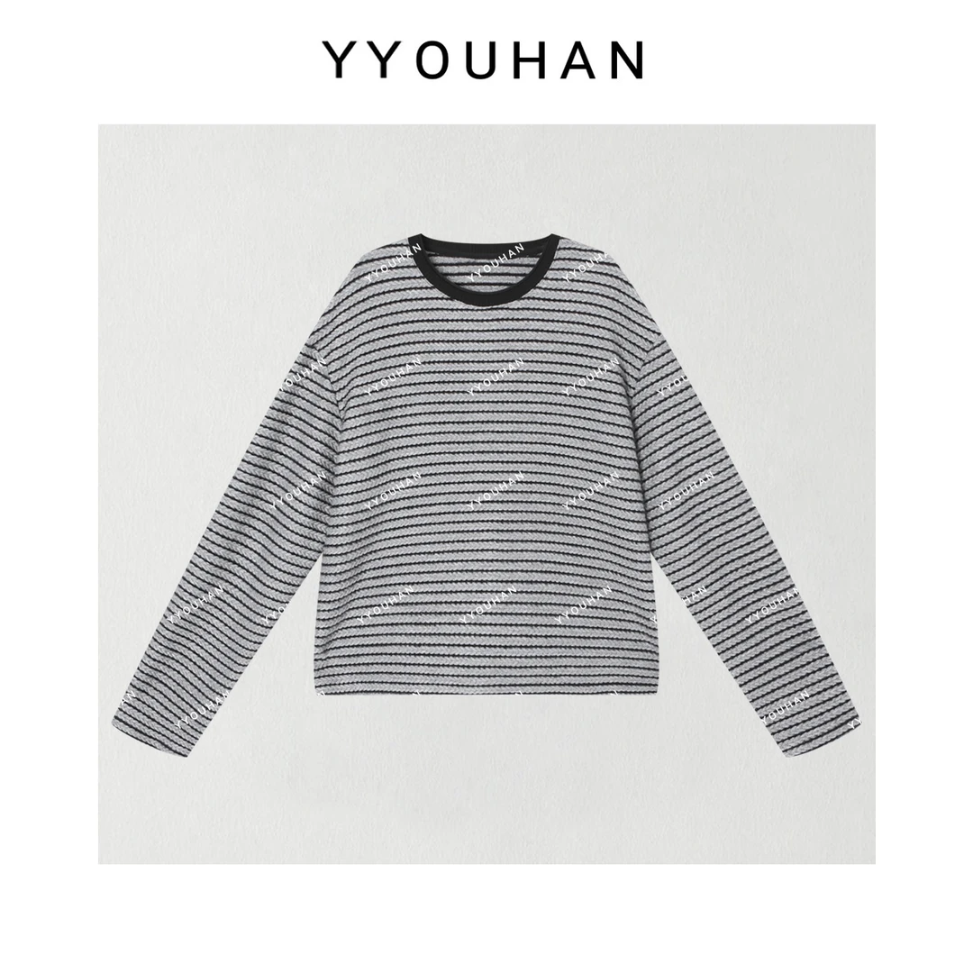 月月 2025冬季新款小众设计海岛绒条纹百搭编织长袖T恤 2511C7827