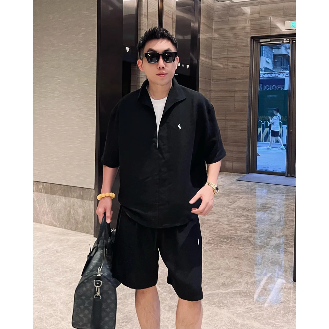 【天丝亚麻两件套】夏日亚麻天丝清爽撞色马标刺绣短袖套装MM88066