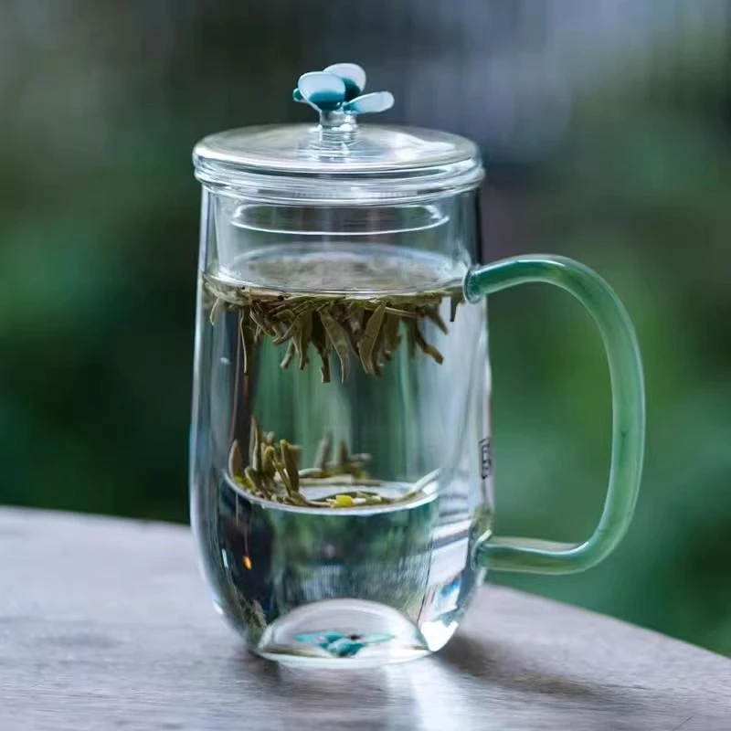青云贮月-晶焱彩蝶优雅杯玻璃杯三件杯带盖泡茶杯水杯茶水分离杯