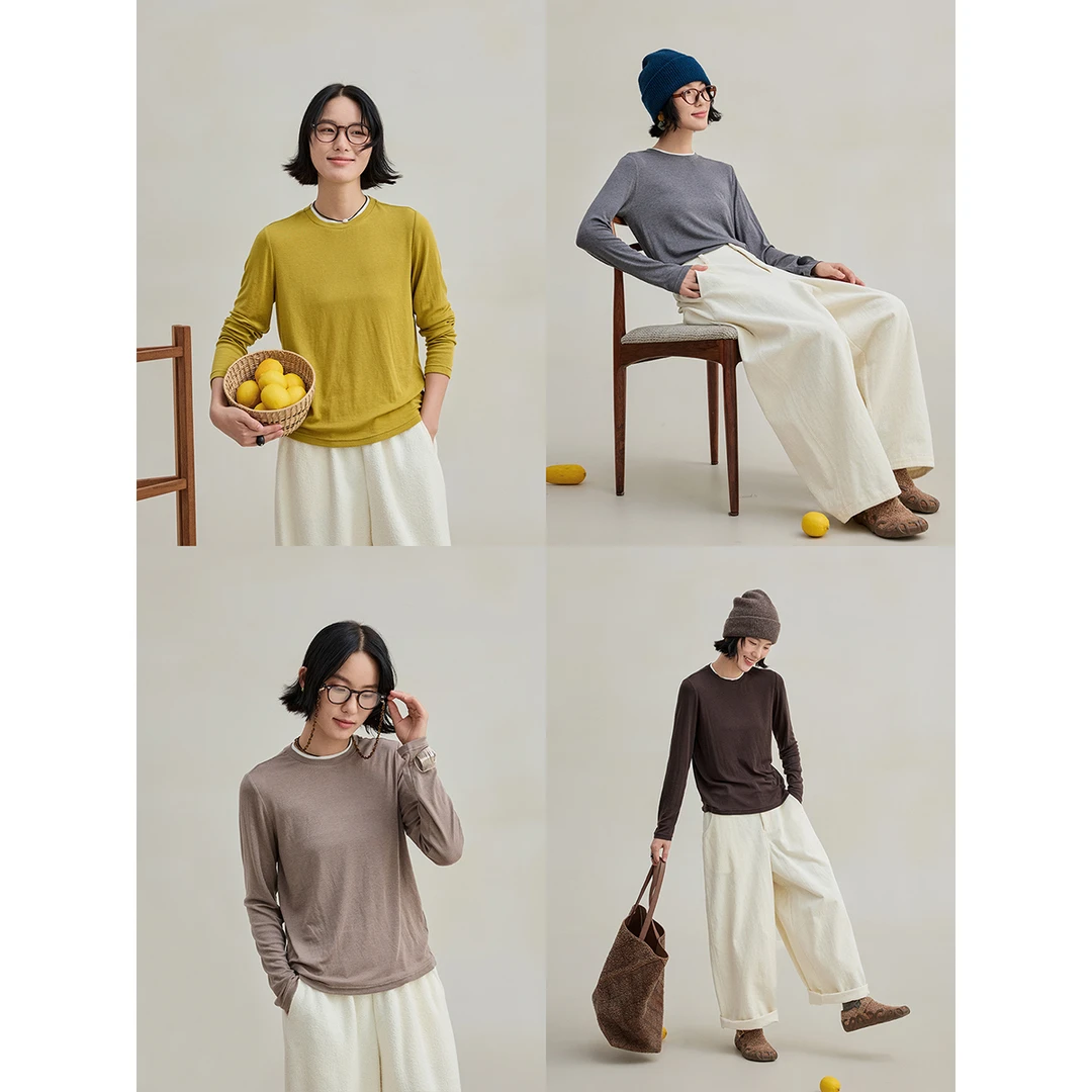 麻霖多色假两件双层领亲肤柔软舒适感可机洗羊毛天丝打底衫T恤