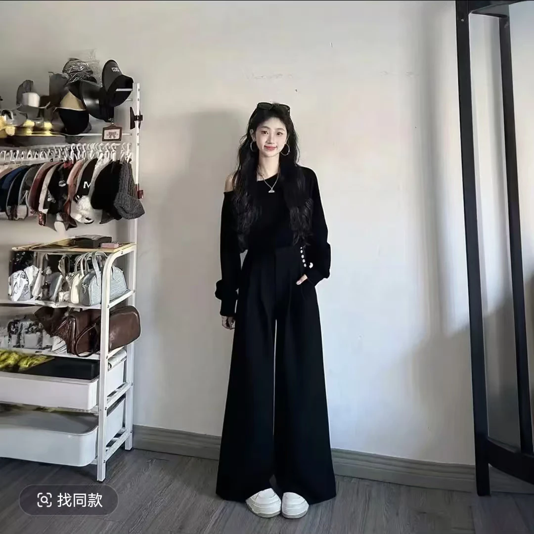韩系氛围感灰色休闲运动套装女秋季短款收腰斜肩上衣阔腿裤两件套