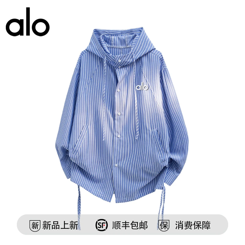 【官方奥特莱斯】品牌折扣秋季情侣时尚条纹男女外套连帽长袖衬衫潮
