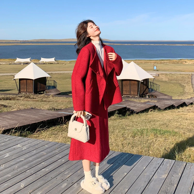 法式优雅氛围感红色毛呢套装裙2025秋冬新款气质韩系ins风两件套