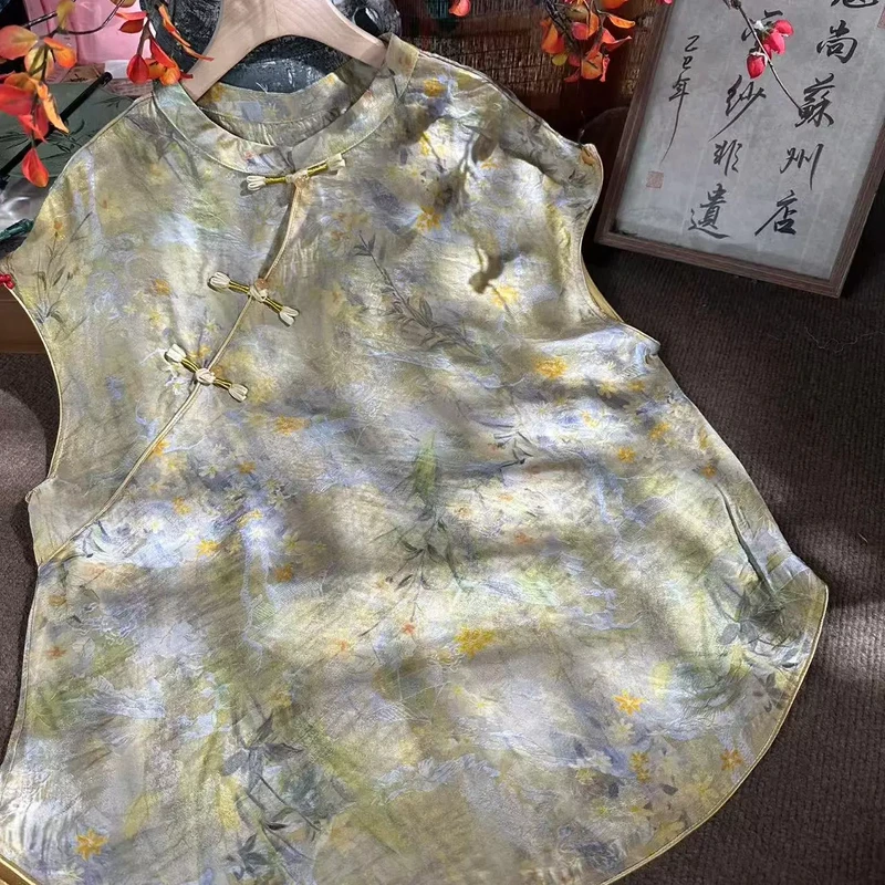 夏季新款新中式国风斜襟盘扣时尚小个子中长套头上衣